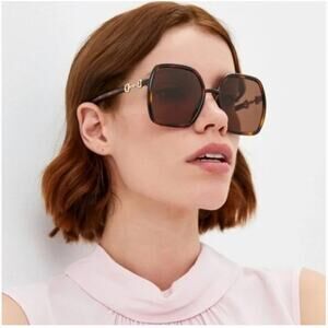 Gucci Oversized Sunglasses Horsebit Detail Square Havana Brown Gold GG0890S NEW